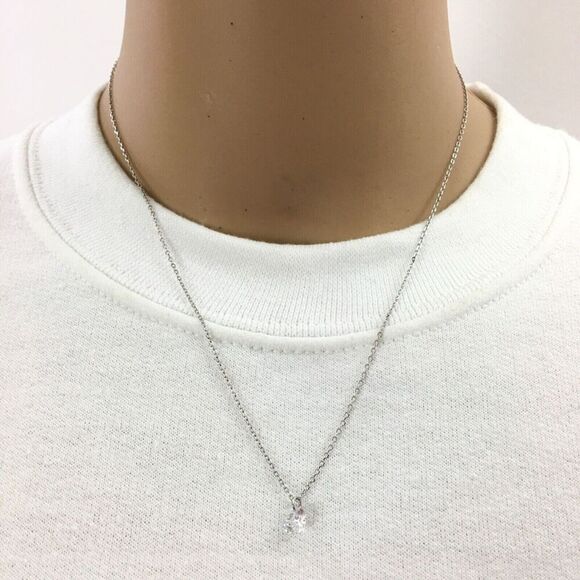 Sterling Silver Necklace Cubic Zirconia CZ 6mm Charm 17.5in Chain - Picture 2 of 16